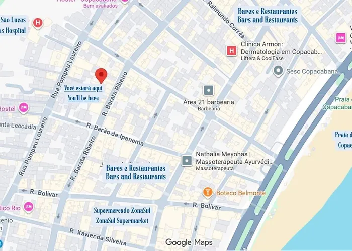 Quarto e sala perto da praia de Copacabana e metrô Rio de Janeiro, Brasil
